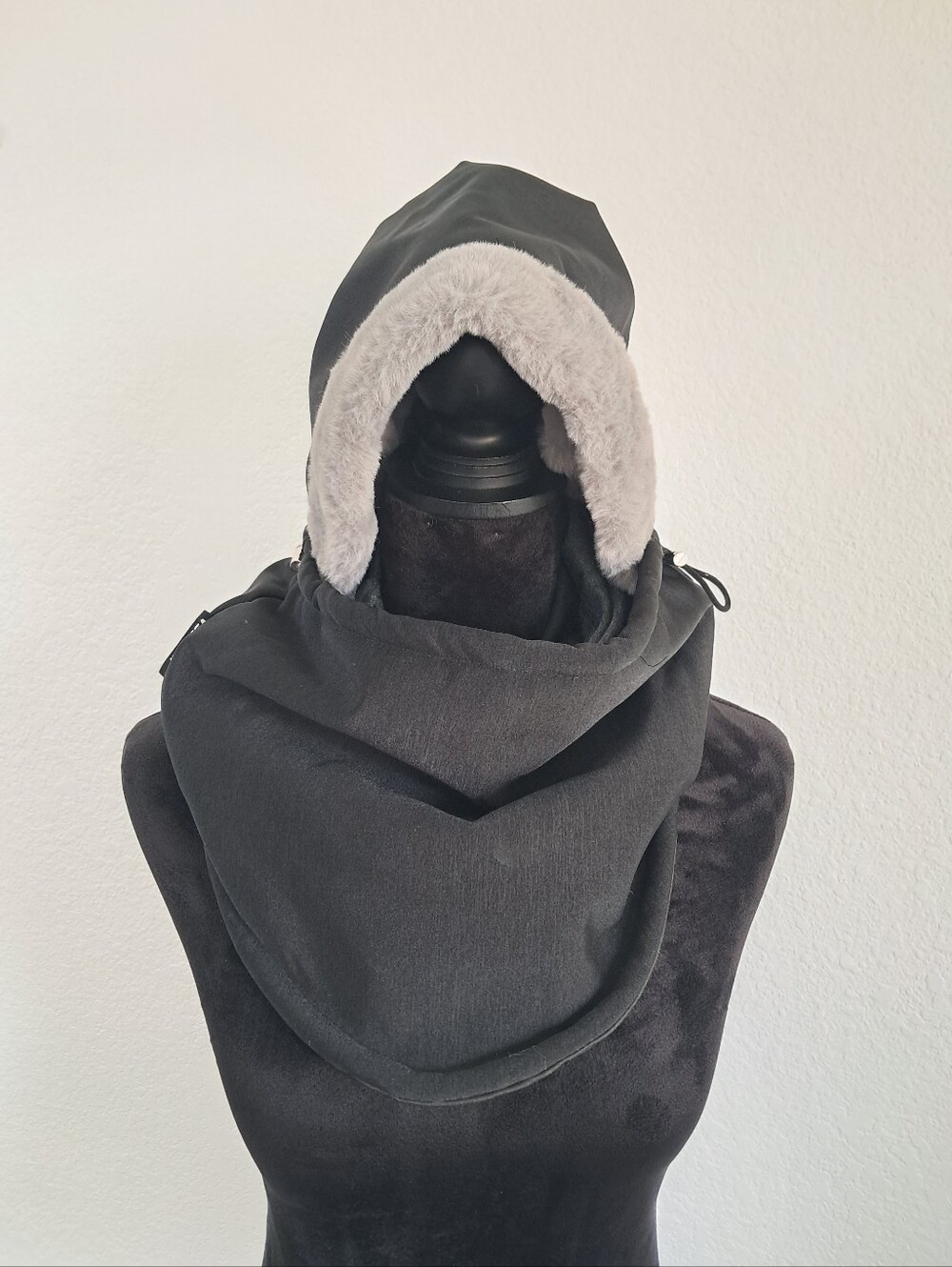 Vstarner Ski Mask With Hood Charcoal Black Gray Faux Fur Lined Drawstring Unisex